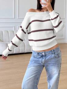 SHEIN 青少年女孩休闲条纹针织毛衣，简约时尚，适合秋冬季日常穿着 - 彩色 - 查看 4