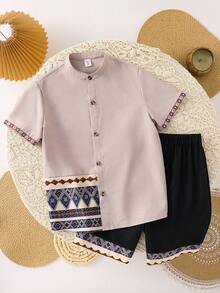 SHEIN 2pcs Tween Boy Mandarin Collar Short Sleeve Shirt And Shorts Set, Casual, Suitable For Spring And Summer - Khaki - View 2