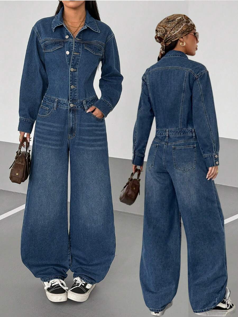 StreetHx 时尚休闲街头风格衬衫领扣式牛仔连体裤，长袖
