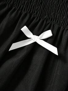 少女优雅黑色中长连衣裙，方领泡泡袖，蝴蝶结腰部褶皱连衣裙，适合家庭聚会、派对和日常穿着 - 黑色 - 查看 5