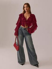 SHEIN SXY Black Top;Fall Women Clothes;Crop Tops;Holiday Costume Party Gathering Black Mesh See-Through Lotus Leaf Strap Deep V Neck Women Sexy Long Sleeve Shirt Burgundy Blouse Ruffle Tops Wine Red Top Dark Red Top Sexy Blouses,Red Top,Christmas,Red Tops For Women - Burgundy - View 5