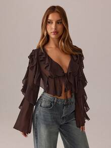 SHEIN SXY Black Top;Fall Women Clothes;Crop Tops;Holiday Costume Party Gathering Black Mesh See-Through Lotus Leaf Strap Deep V Neck Women Sexy Long Sleeve Shirt Brown Blouses Ruffle Tops Sexy Blouses Dark Brown Top Chocolate Brown Top - Brown - View 4