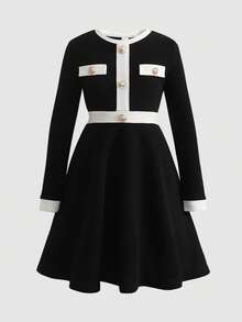 青少年女孩休闲通勤优雅黑白拼色纽扣装饰荷叶边下摆修身长袖连衣裙，秋冬