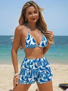 Swim Vcay Summer Beach Full Printed Halterneck Separates Bikini Set, 3pcs/Set - Blue - View 3