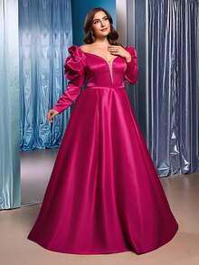 Glamrae Elegancka, romantyczna, fuksjowa suknia ślubna z odkrytymi ramionami i długim rękawem, o przerysowanym kroju, z wysokim rozcięciem i obszerną spódnicą w kształcie litery A, odpowiednia na wesela, imprezy, ukończenia szkół, formalne gale (bogato zdobiony wzór)