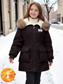 SHEIN 青少年秋冬新款派克大衣冬季毛领大口袋连帽收腰简约时尚中长款棉质外套 - 黑色 - 查看 6