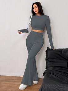 SHEIN EZwear 2 件套女式休闲纯色针织圆领长袖短款修身 T 恤和高腰喇叭裤 - 灰色 - 查看 6