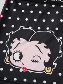 Betty Boop x SHEIN 女士波尔卡圆点和卡通人物字母提花文胸和宽松内裤套装 - 黑色 - 查看 7