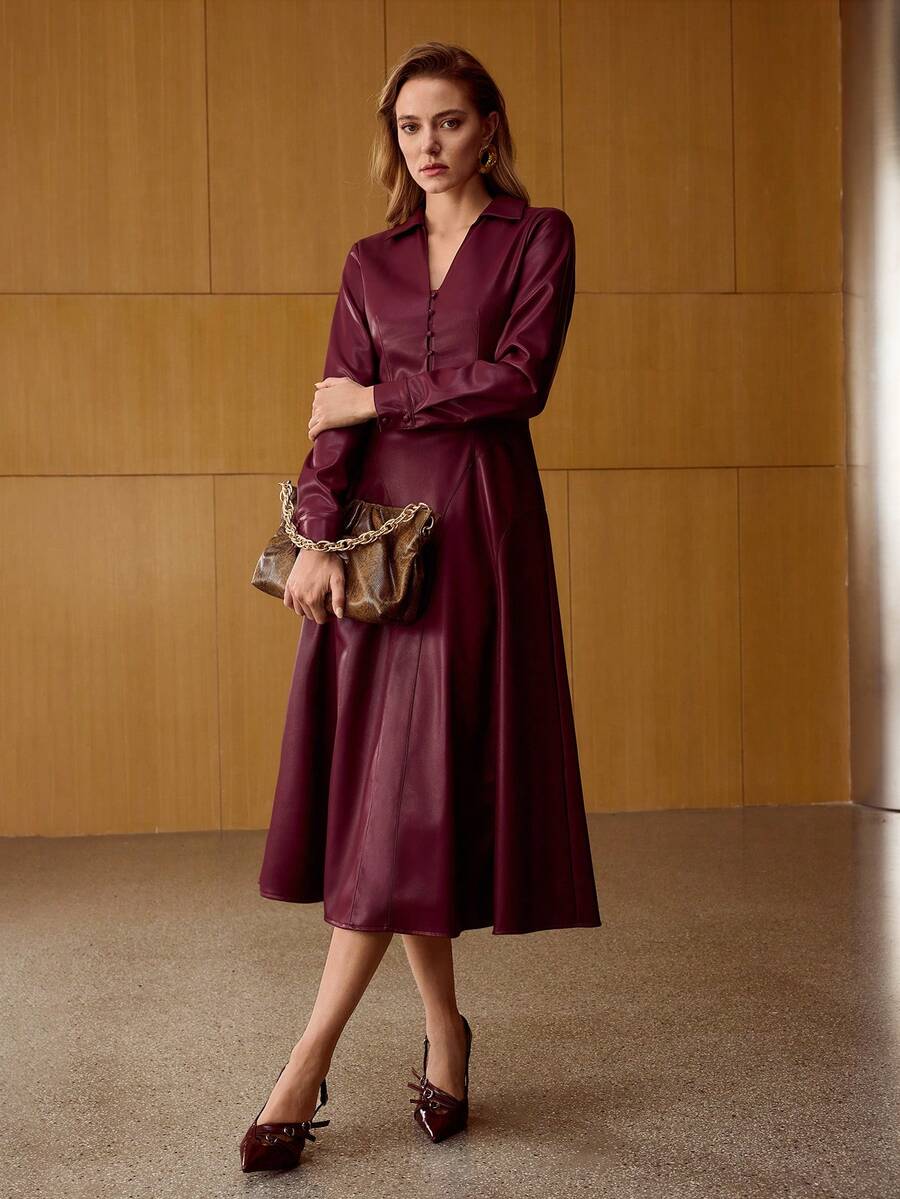 MOTF PREMIUM 女士冬季勃艮第色 PU 皮革连衣裙 - 酒紅色 - 查看 1