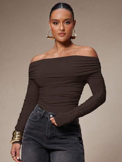 Silquee 女式纯色褶饰露肩长袖紧身衣