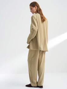 Airaco Traje de blazer y pantalones de un solo abotonado de unicolor para mujeres, para uso diario en otoño - Caqui - Ver 2