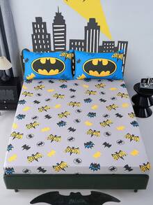 BATMAN X SHEIN 1pc Gray Bat Cartoon Pattern Printed Fitted Sheet, Brushed Material, Soft And Warm, Suitable For Single Bed/Double Bed/Queen Bed/King Bed