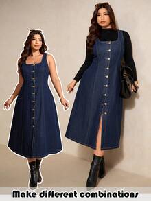 Elaquor 大码休闲通勤前扣无袖牛仔连衣裙