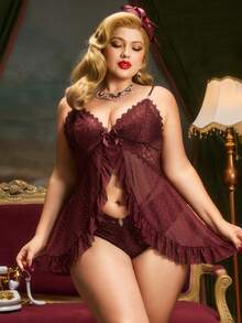 SHEIN Slumberist Plus Size Women 2 Pieces Set: Lace Patchwork Diamond Mesh Camisole Top + Sexy Lace Pajama Pants - Maroon - View 3