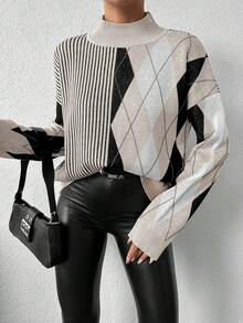 SHEIN Cottnline Women's Stand Collar Geometric Striped Drop Shoulder Sweater - Multicolor - View 4