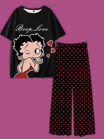 Betty Boop x SHEIN Plusstorlek tecknad figur grafisk kortärmad topp och hjärtmönster byxor pyjamaset