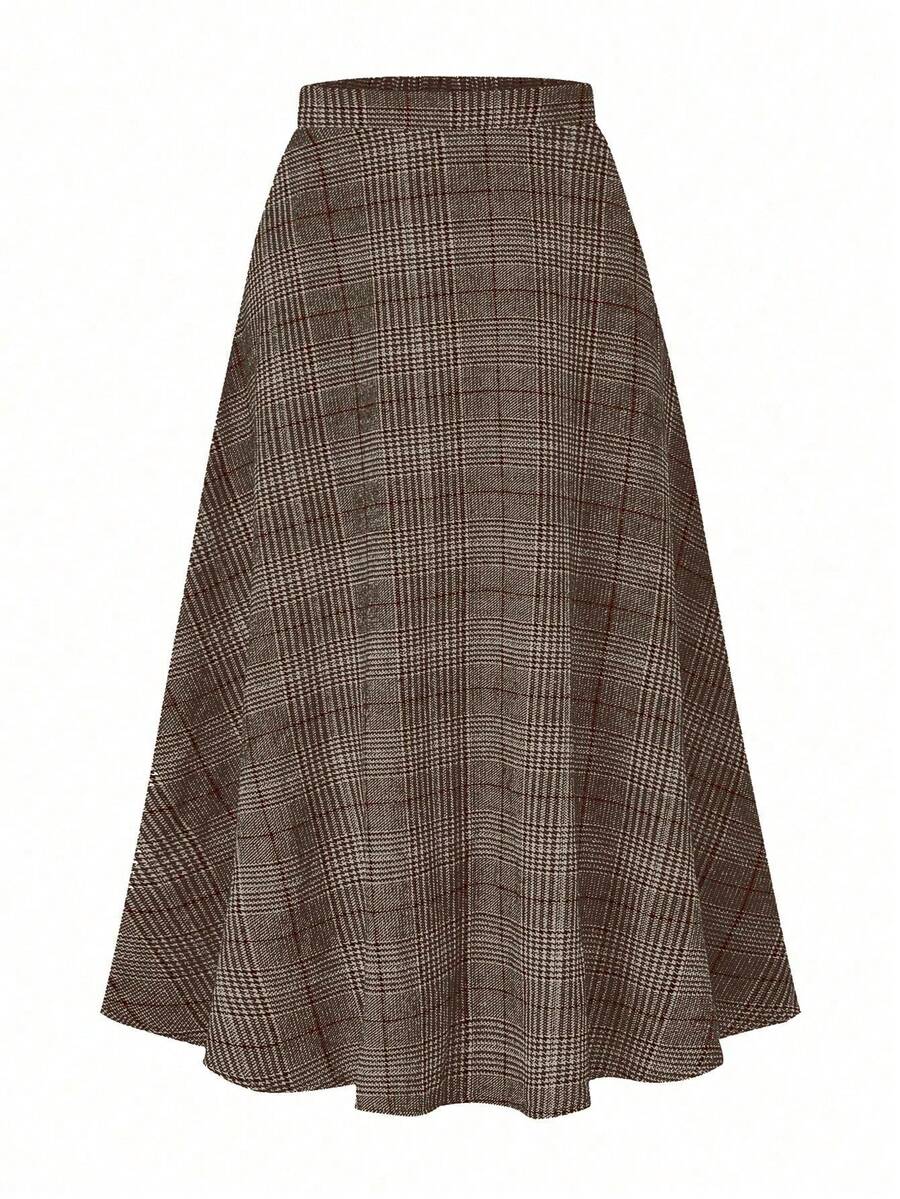 SHEIN PETITE CURVE Saia A-Line Casual Xadrez Plus Size para Mulheres, Adequada para Outono/Inverno, Bainha Evasê, Favorecedora, Xadrez Clássico, Versátil na Moda - Café - Visão 1