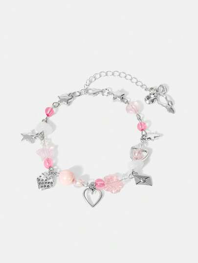 Y2Kool 1 pieza Pulsera en forma de sobre hecha a mano con cuentas naturales y dulces y frescos, con pentagrama, cuentas redondas, flores rosas, corazón, estrella, fresa y lazo, apta para uso diario y fiestas. Día de San Valentín