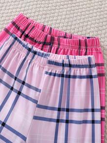 SHEIN 4 件套女童字母印花长袖上衣 + 格子裤休闲家居服套装 - 彩色 - 查看 4