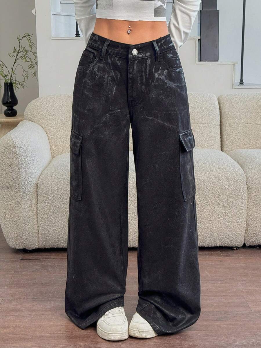 SHEIN EZwear 女式休闲水洗阔腿工装牛仔裤 - 黑色 - 查看 1