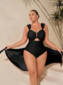 Swim Oasis Bộ đồ bơi liền thân màu đỏ trơn thiết kế thường ngày dành cho nữ cỡ lớn + váy 2 món đi biển - màu đen - Xem 8