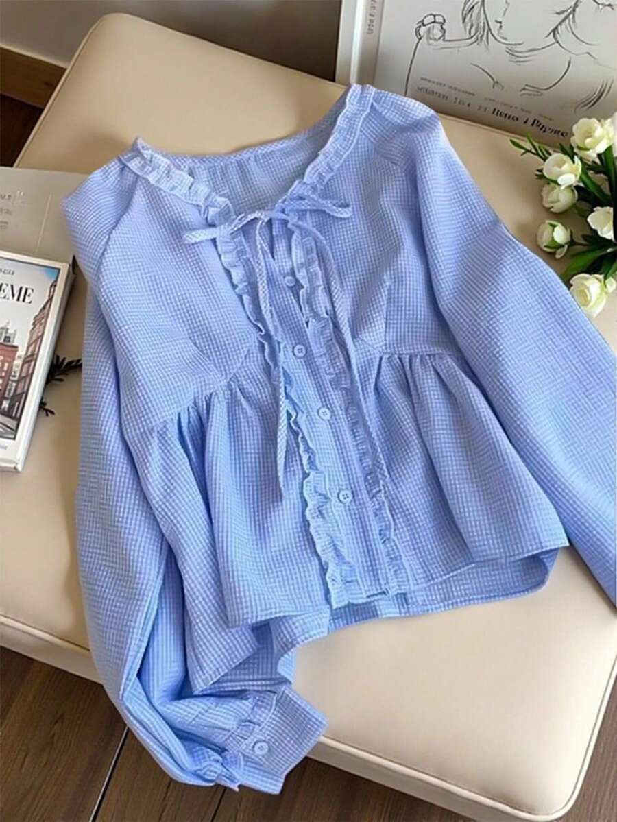 SHEIN 大码蓝白格子长袖衬衫 - 藍色 - 查看 1