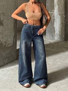 EURMUSE RueChic VINTAGE WASH HIGH WAIST WIDE LEG CUT ASYMMETRIC BELT DETAIL - Dark Wash - View 4