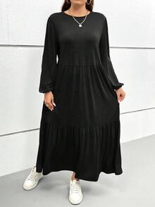 SHEIN Essnce 大码女式长裙，2 个口袋，秋季连衣裙，灰色连衣裙，女士服装，带袖连衣裙，秋季女装，秋季裙子，长款秋季连衣裙，秋季女装 - 黑色 - 查看 4