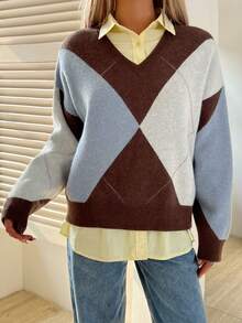 DAZY Plaid Loose Fit Long Sleeve Crew Neck Sweater For Women - Brown - View 3