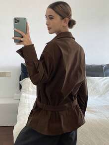 DAZY Chemise décontractée à manches longues, coupe ample, couleur unie avec ceinture, automne/hiver pour femmes - Tabac - Voir 2