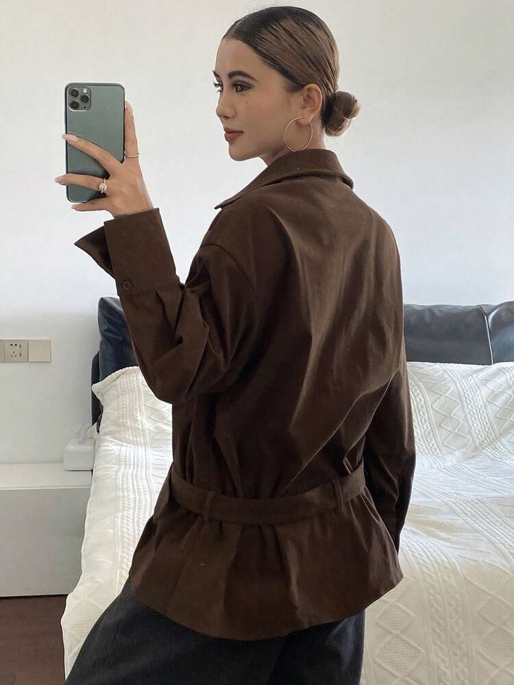 Women's Loose Fit Long Sleeve Solid Color Belted Casual Shirt, Autumn/Winter