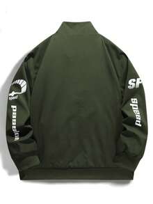 Manfinity EMRG Men's Autumn Letter Print Contrast Color Zipper Collar Casual Long Sleeve Jacket Motorsport Jacket Racing Passion Racing Speed Jacket - Army Green - View 2