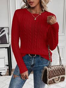 EMERY ROSE Women's Casual Cable Pattern Crew Neck Long Sleeve Sweater, Autumn/Winter - Red - View 4