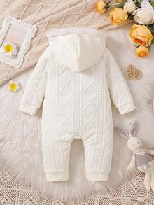 Baby Mädchen einfarbiger flauschiger Kapuzen-Jumpsuit mit 3D-Schleife. Die 3D-Schleife und das flauschige Kapuzendesign sind modisch und süß. Der schmale Schnitt ist für verschiedene Babykörpertypen geeignet. Ob für einen täglichen Ausflug, Spielen im Park oder Entspannen zu Hause, es kann Ihr Baby zur auffallendsten kleinen Prinzessin machen. - Aprikosenfarben - Übersicht 2