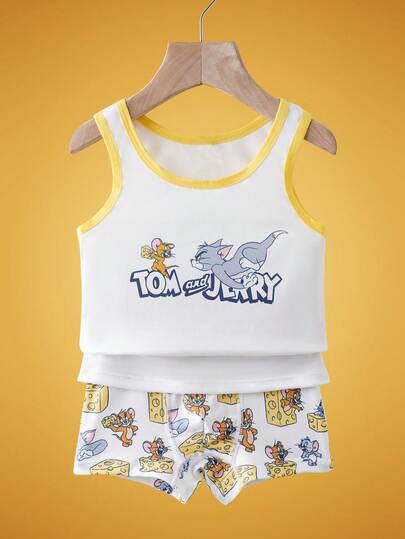 TOM & JERRY X SHEIN 男童可爱卡通图案夏季无袖上衣短裤套装
