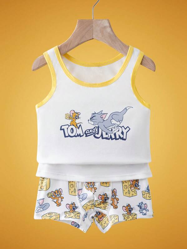 TOM & JERRY X SHEIN 男童可爱卡通图案夏季无袖上衣短裤套装