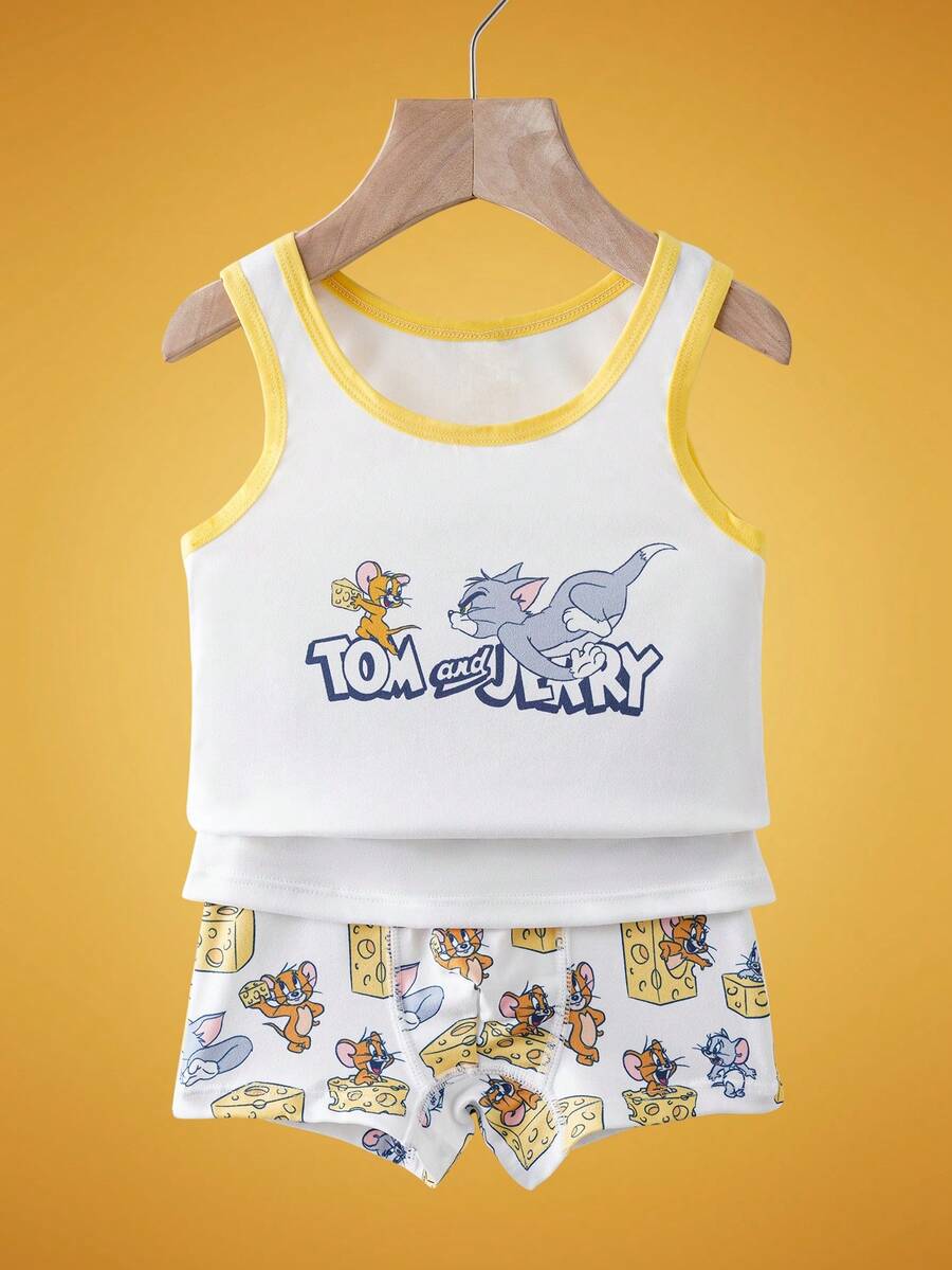 TOM & JERRY X SHEIN 男童可爱卡通图案夏季无袖上衣短裤套装