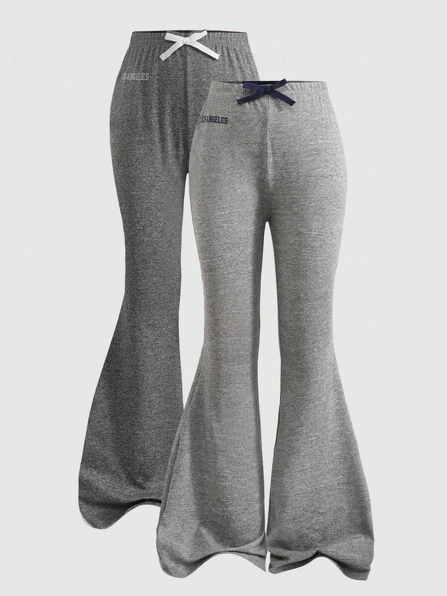 SHEIN Girlism 2pcs Tween Girls Casual Sports Graphic Text & Location Print Ribbon Bow Decor Fitted Flare Pants Set, Autumn/Winter - Dark Grey - View 1