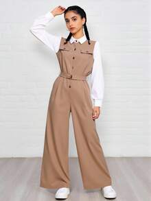 Teen Girl Autumn/Winter Waist Belt Splice Half-Button Lapel Jumpsuit, Casual Minimalist Elegant Daily Comfortable - Khaki - View 8
