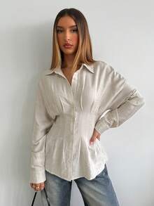 Aloruh Women's Apricot Casual Business Loose Waist Pleated Collar Long Sleeve Shirt, Autumn/Winter - Apricot - View 3