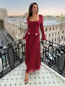 Aloruh Vestido de festa feminino elegante com decote quadrado e fivela de metal, cintura marcada, vermelho, vestido de natal - Borgonha - Ver 3