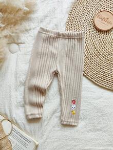 Vintaside Kids 1pc Baby Girls' Spring/Autumn New Asymmetrical Ribbed Apricot Tight Ankle Embroidered Design Simple Versatile Homewear Leggings For Toddler - Apricot - View 1