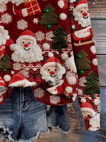 SHEIN LUNE Sweat-shirt-shirt ample à col rond à manches longues avec imprimé Père Noël, style minimaliste décontracté. Convient pour l'automne, l'hiver et Noël