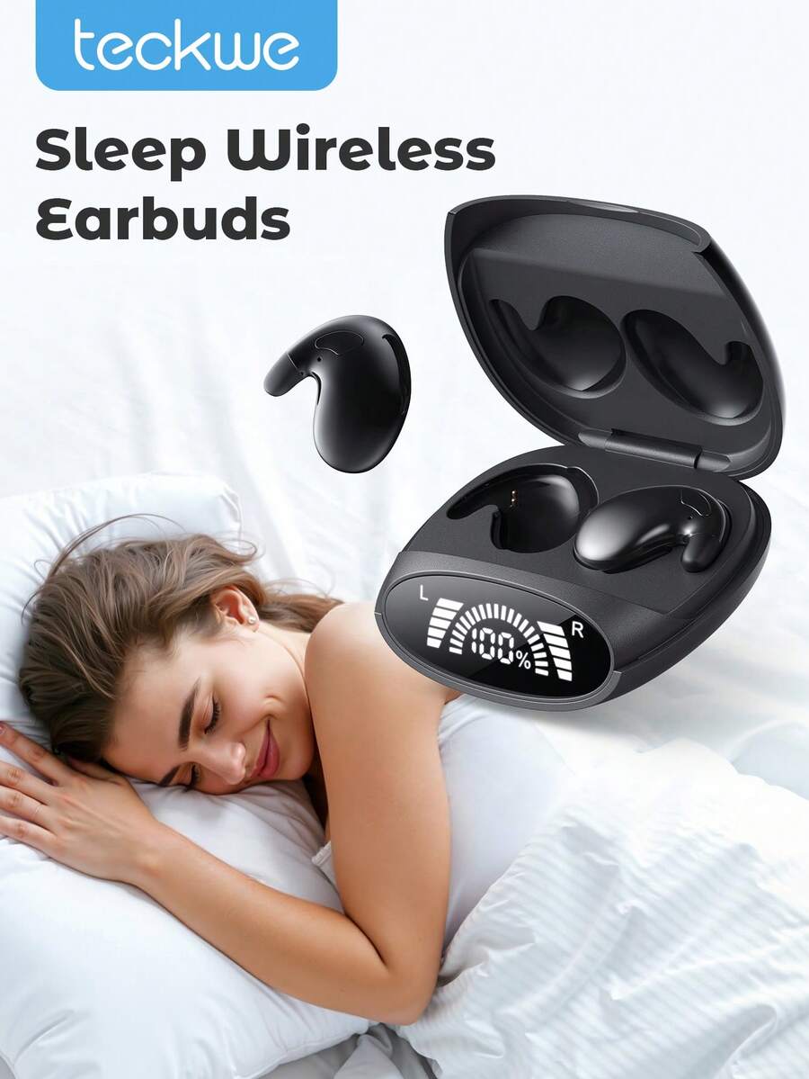 Teckwe 无线耳塞，入耳式睡眠耳机，噪音阻隔 LED 电量显示，舒适佩戴，适合睡眠、工作、徒步旅行 - 黑色 - 查看 1