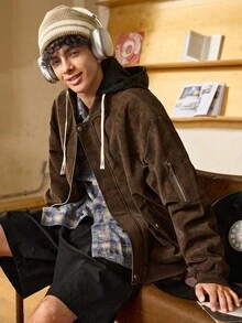 Open Phase STONE DISTRICT 男士宽松连帽摩托车皮夹克，全新秋冬春夏系列 - 咖啡棕 - 查看 1