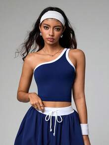 Dewbera 1 件无缝柔软亲肤性感单肩蓝白撞色瑜伽、运动、跑步 T 恤和背心 - 藏蓝色 - 查看 6