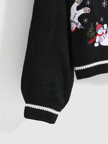 ROMWE Áo len cardigan dài tay họa tiết người tuyết và bông tuyết thêu họa tiết Giáng sinh cổ chữ V màu đen và trắng tương phản dành cho nữ - màu đen - Xem 4