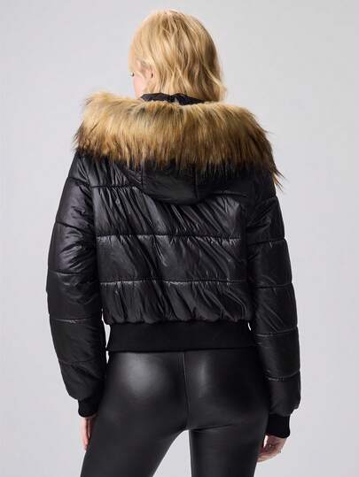 ROMWE Avant Women's Retro Versatile Regular Fuzzy Hooded Contrast Trim Cropped Padded Coat