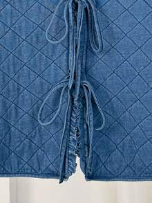 Comfortcana 女士秋季拼接荷叶边领长袖系带休闲牛仔外套，绗缝牛仔外套，荷叶边彼得潘领和系带设计，休闲时尚绗缝外套，冬季女装，新年圣诞节女装，格子外套，方格外套，保暖内衬，厚实保暖牛仔外套 - 中等水洗藍 - 查看 4