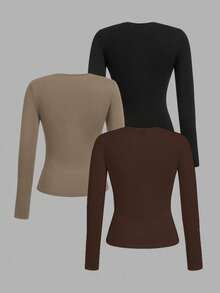 SHEIN EZwear 3 件套女士圆领休闲修身长袖 T 恤套装，适合秋冬季 - 彩色 - 查看 2